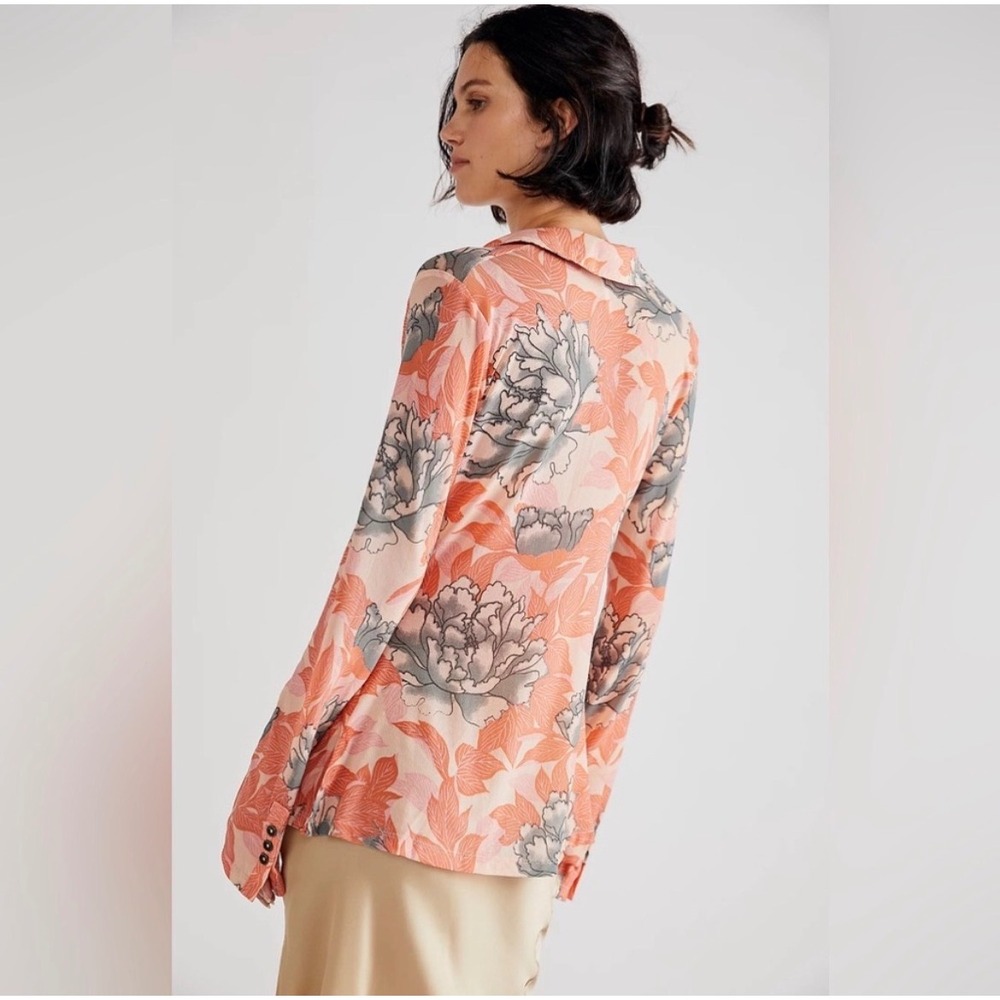 Free People Lucky Shirtee Floral Mesh Ruched‎ Button Front Long Sleeve Top Large - Picture 2 of 15